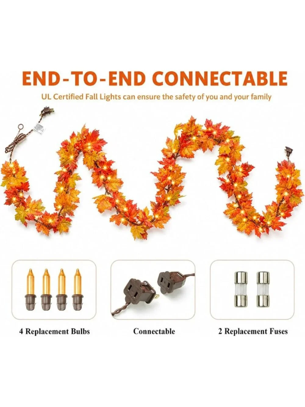 9FT Plug-In Fall Garland with 50 Orange Lights - Halloween & Thanksgiving Decor